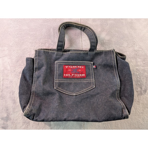 Tommy Hilfiger Handbags - Tommy Hilfiger Denim Tote Bag Dark Wash Red Logo Patch Small Handbag